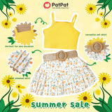 3pcs Toddler Girl Sweet Ribbed Crop Camisole and Floral Print Pleated Skirt & Belt Set - MomYom PK