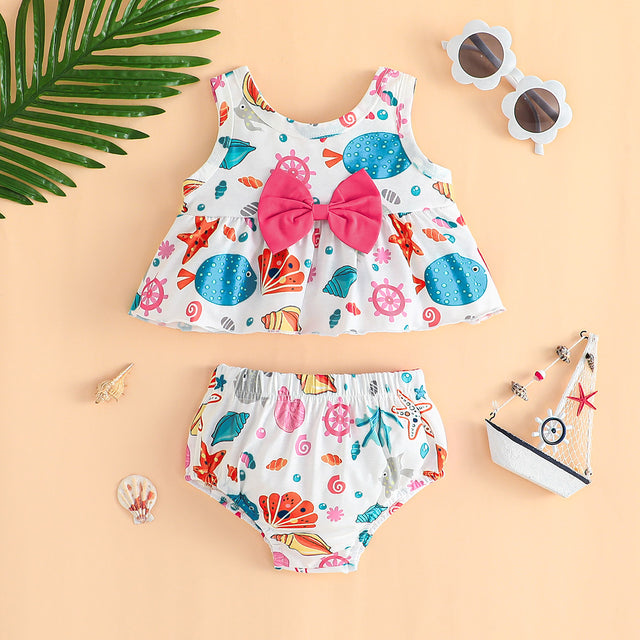 2pcs Baby Girl 95% Cotton Ruffle Solid Romper and Allover Floral Print Belted Shorts Set