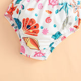 2pcs Baby Girl 95% Cotton Ruffle Solid Romper and Allover Floral Print Belted Shorts Set