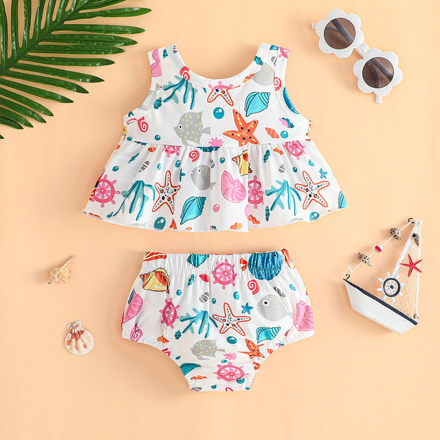 2pcs Baby Girl 95% Cotton Ruffle Solid Romper and Allover Floral Print Belted Shorts Set