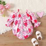 Baby Girl Allover Heart Print Cold Shoulder Long-sleeve Bow Front Romper