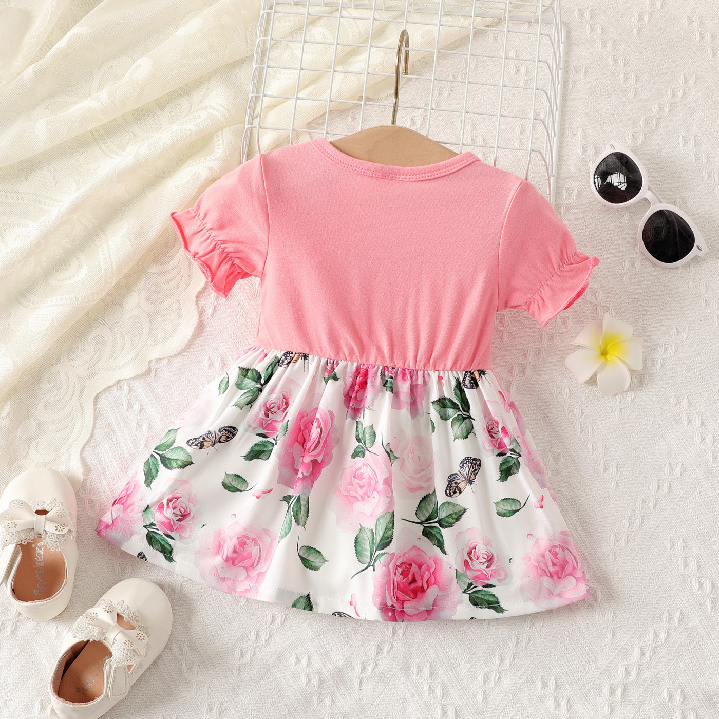 Baby Girl Butterfly & Floral Print Bow Decor Short-sleeve Combo Dress