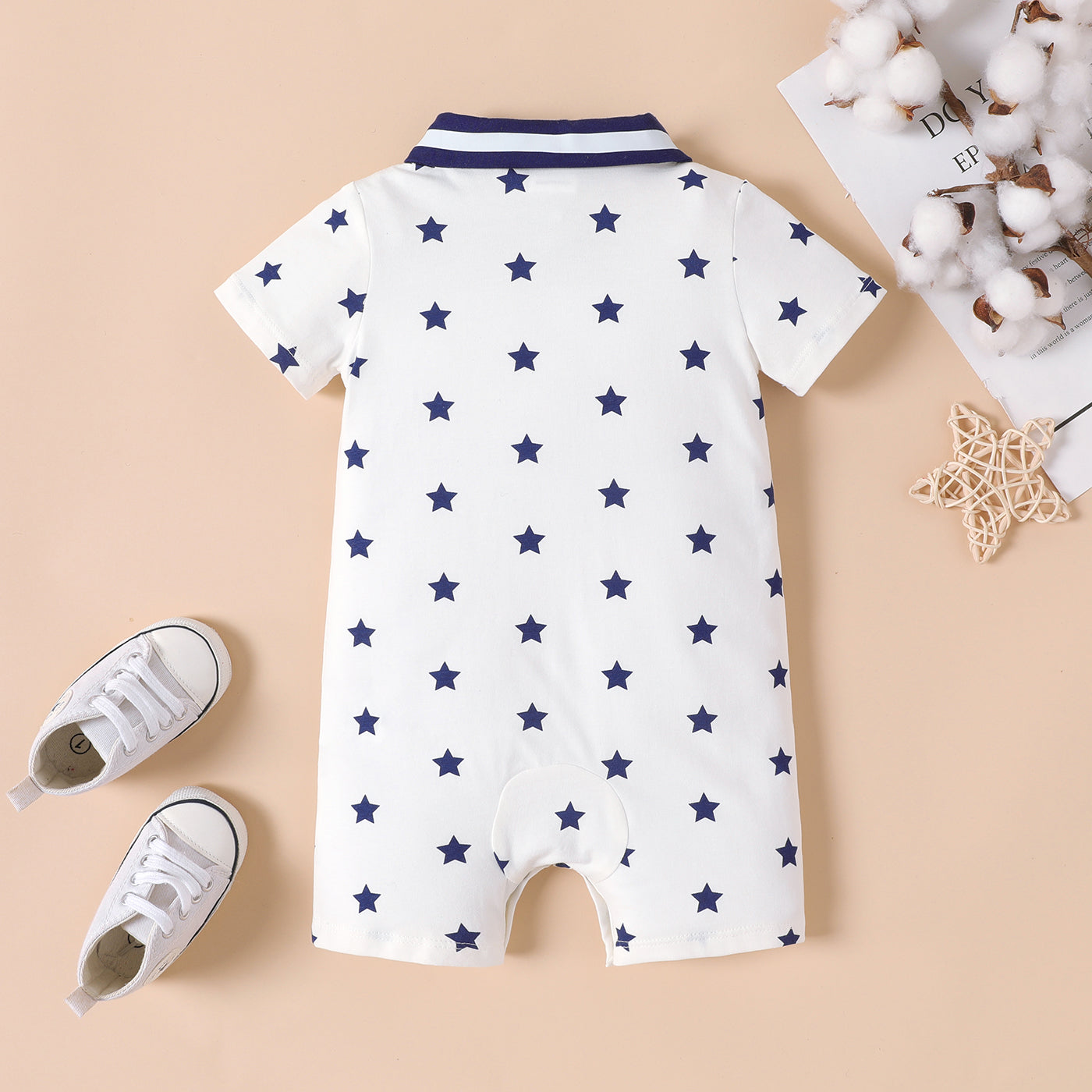 Baby Boy 95% Cotton Allover Star Print Polo Neck Jumpsuit