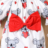 2pcs Baby Girl Bow Front Koala Print Ruffle-sleeve Bodysuit and Headband Set