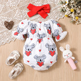 2pcs Baby Girl Bow Front Koala Print Ruffle-sleeve Bodysuit and Headband Set