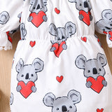 2pcs Baby Girl Bow Front Koala Print Ruffle-sleeve Bodysuit and Headband Set