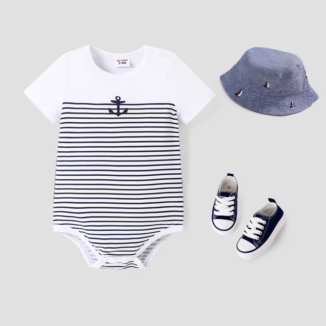 Baby Boy Letter/Stripe Print Short-sleeve Cotton Bodysuit