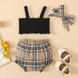 3pcs Baby Girl 100% Cotton Bow Front Cami Top and Plaid Shorts and Bow Headband Set