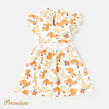 Toddler Girl 100% Cotton Allover Fox Print Flutter-sleeve Lace Detail Shirred Dress