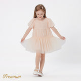 Kid Girl 100% Cotton Solid Textured Splice Mesh Puff-sleeve Dress