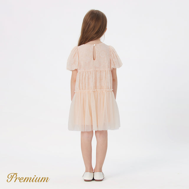 Kid Girl 100% Cotton Solid Textured Splice Mesh Puff-sleeve Dress