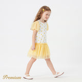 Toddler Girl Cotton Allover Lemon Print Puff-sleeve Spliced Mesh Dress