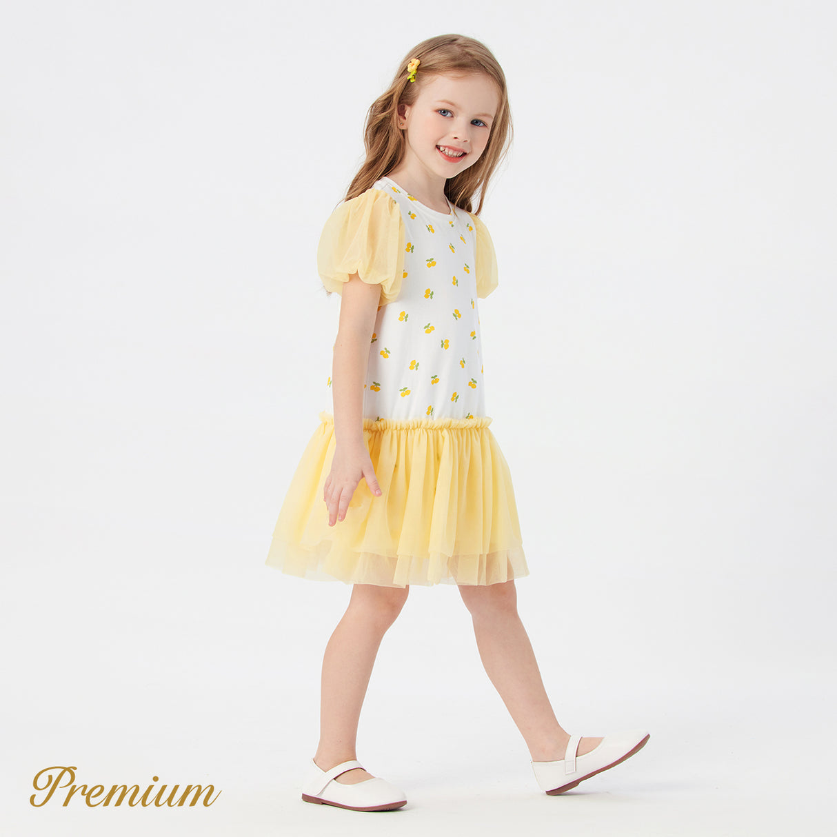 Toddler Girl Cotton Allover Lemon Print Puff-sleeve Spliced Mesh Dress
