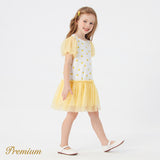 Toddler Girl Cotton Allover Lemon Print Puff-sleeve Spliced Mesh Dress