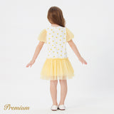 Toddler Girl Cotton Allover Lemon Print Puff-sleeve Spliced Mesh Dress