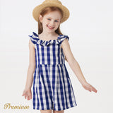 Kid Girl 100% Cotton Allover Gingham Print Ruffled Flutter-sleeve Romper Shorts