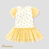 Toddler Girl Cotton Allover Lemon Print Puff-sleeve Spliced Mesh Dress