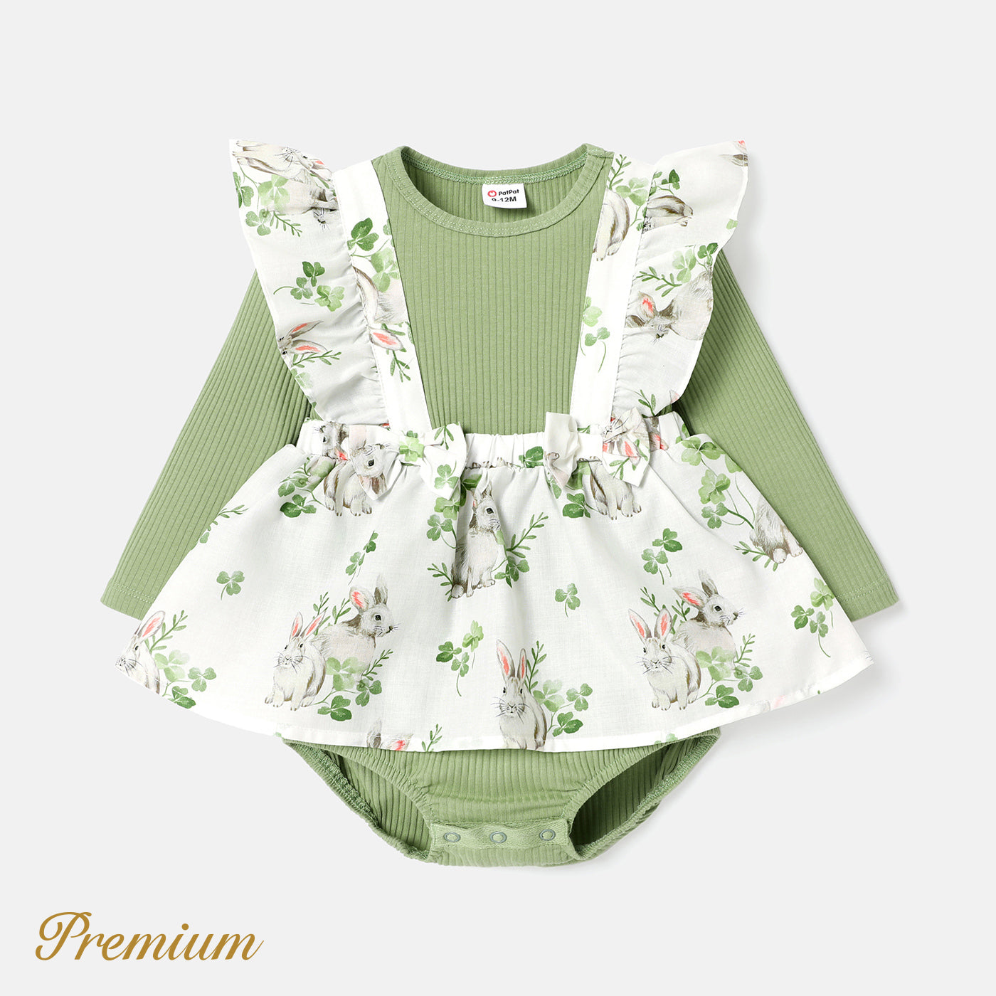 Baby Girl Solid Cotton Ribbed Spliced Rabbit Print Ruffle Trim Long-sleeve Dress