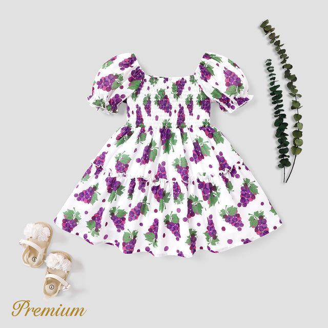 2pcs Kid Girl Grape Embroidered Flutter-sleeve Top and Naia™ Grape Print Skirt Set