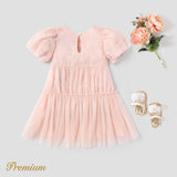 Kid Girl 100% Cotton Solid Textured Splice Mesh Puff-sleeve Dress