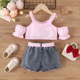 2pcs Toddler Girl Trendy Ripped Denim Shorts and Cold Shoulder Plaid Camisole Set - MomYom PK