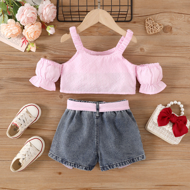 2pcs Toddler Girl Trendy Ripped Denim Shorts and Cold Shoulder Plaid Camisole Set - MomYom PK