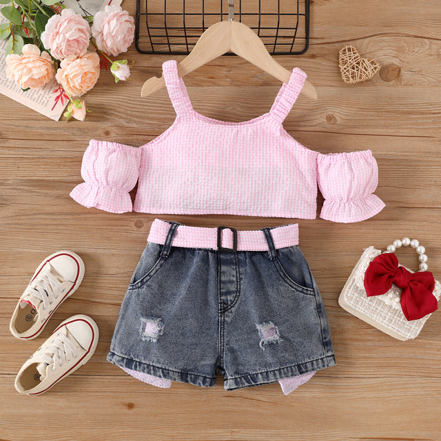 2pcs Toddler Girl Trendy Ripped Denim Shorts and Cold Shoulder Plaid Camisole Set - MomYom PK