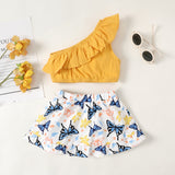 2pcs Baby Girl 100% Cotton Ruffled One-Shoulder Top and Butterfly Print Skirt Set