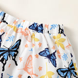 2pcs Baby Girl 100% Cotton Ruffled One-Shoulder Top and Butterfly Print Skirt Set