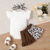 3pcs Baby Girl 95% Cotton Leopard Letter Print Flutter-sleeve Bodysuit & Belted Skirt & Bow Headband Set