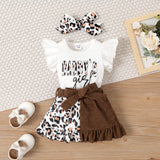 3pcs Baby Girl 95% Cotton Leopard Letter Print Flutter-sleeve Bodysuit & Belted Skirt & Bow Headband Set