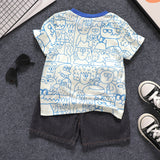 2pcs Toddler Boy Allover Print Tee and Ripped Denim Shorts Set