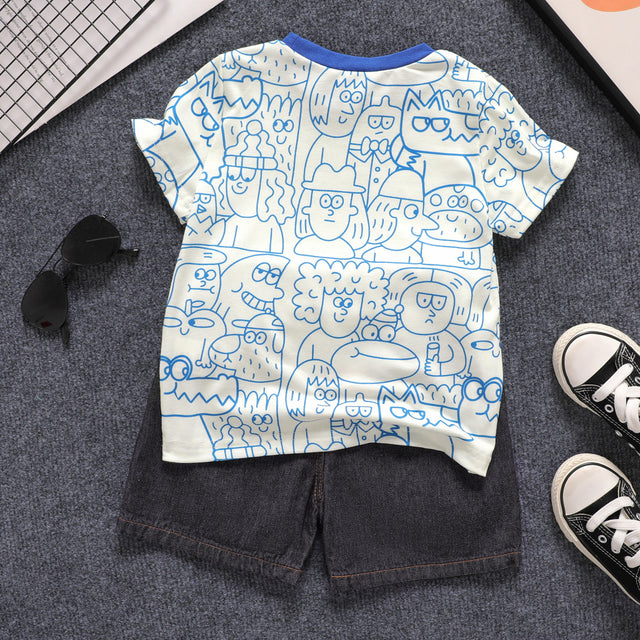 2pcs Toddler Boy Allover Print Tee and Ripped Denim Shorts Set