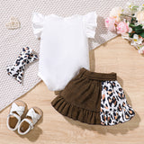 3pcs Baby Girl 95% Cotton Leopard Letter Print Flutter-sleeve Bodysuit & Belted Skirt & Bow Headband Set