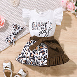 3pcs Baby Girl 95% Cotton Leopard Letter Print Flutter-sleeve Bodysuit & Belted Skirt & Bow Headband Set