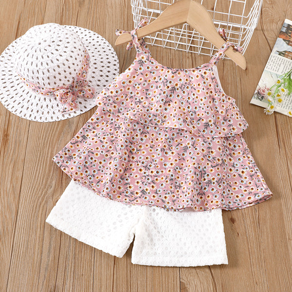 3pcs Toddler Girl Straw Hat & Floral Print Ruffled Chiffon Camisole and White Shorts Set