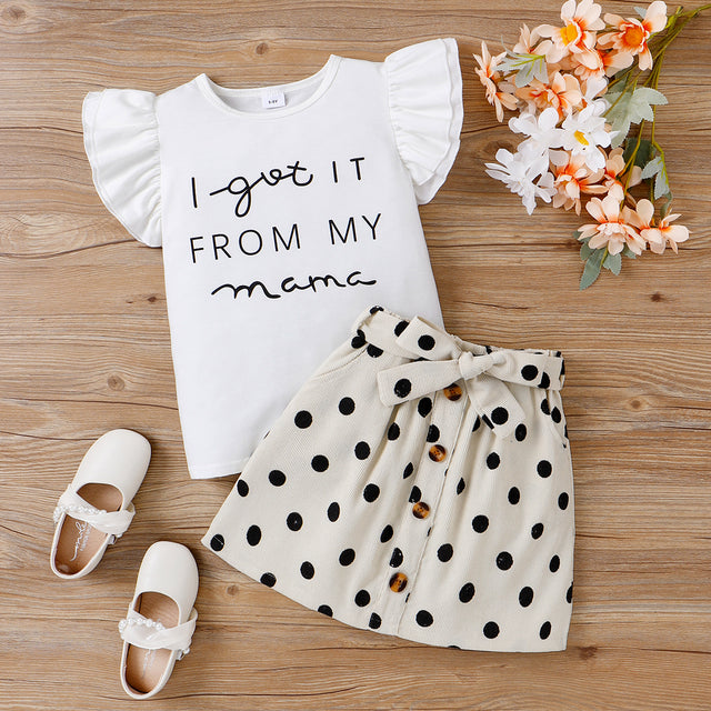 2pcs Toddler Girl Letter Print Flutter-sleeve Top and Polka Dots Belted Skirt Set