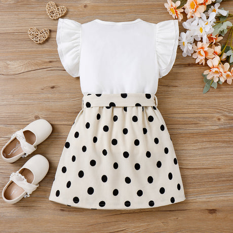 2pcs Toddler Girl Letter Print Flutter-sleeve Top and Polka Dots Belted Skirt Set