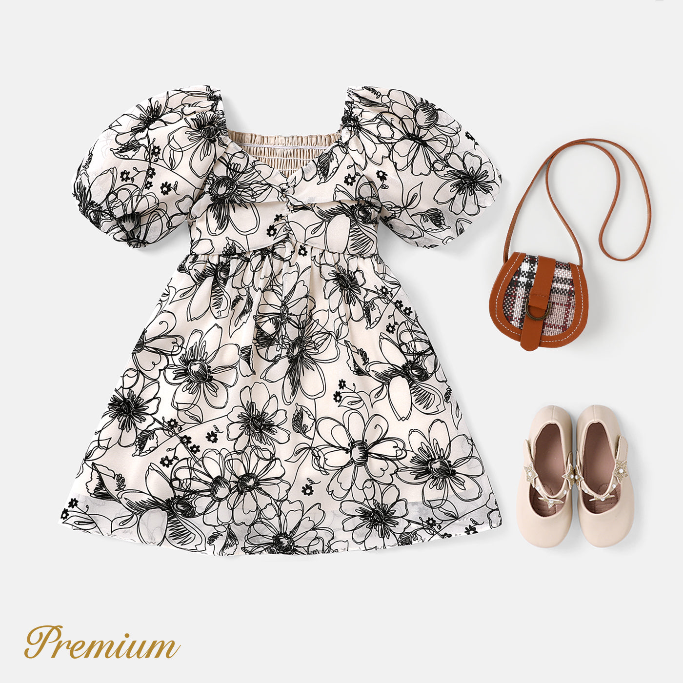 Kid Girl Sketch Floral Graphic Short-sleeve Smocked Dress