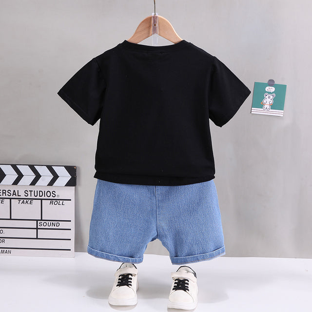 2pcs Toddler Boy Giraffe Graphic Short-sleeve Cotton Tee and Denim Shorts Set