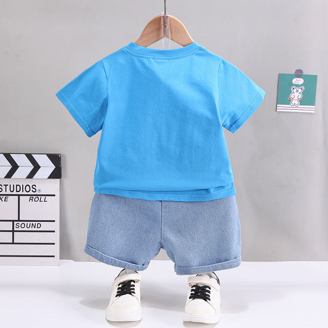 2pcs Toddler Boy Lion Embroidered Short-sleeve Tee and Denim Shorts Set