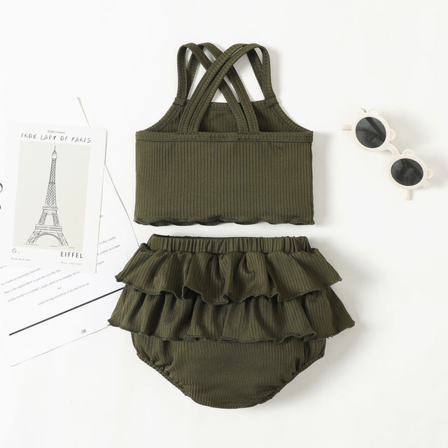 2pcs Baby Girl Solid Rib-knit Camisole and Ruffled Shorts Set