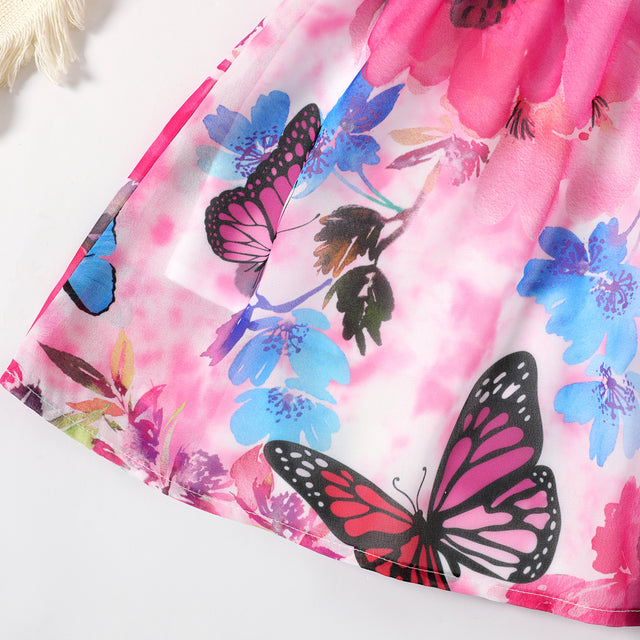 Toddler Girl Allover Butterfly Print Ruffle Strappy Belted Dress