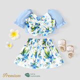 2pcs Baby Girl 100% Cotton Floral Print Big Bow Front Top and Smocked Skirt Set