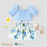 2pcs Baby Girl 100% Cotton Floral Print Big Bow Front Top and Smocked Skirt Set