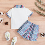 2pcs Baby Boy Front Buttons Ethnic Pattern Lapel Collar Short-sleeve Top and Shorts Set