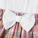 2pcs Baby Girl Front Buttons Ribbed Ruffle Puff-sleeve Top and Bow Decor Plaid Skirt Set