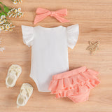 3pcs Baby Girl Flutter-sleeve Letters Print Bodysuit and Ruffled Solid Skirt and Headband Set