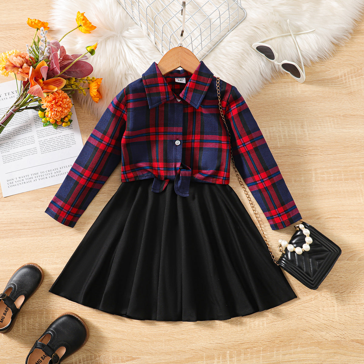 2pcs Toddler Girl Plaid Knot Hem Long-sleeve Shirt and Solid Skirt Set