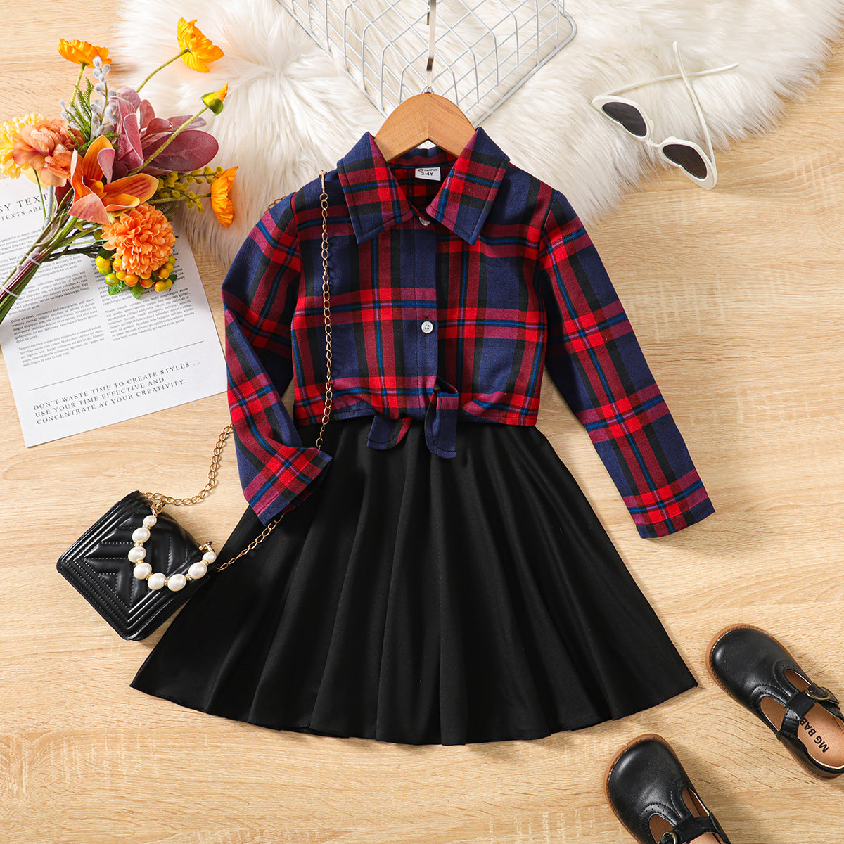 2pcs Toddler Girl Plaid Knot Hem Long-sleeve Shirt and Solid Skirt Set